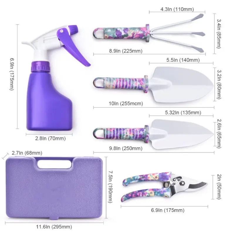 Purple Floral Gardening Tool Set with Carry Case and Ergonomic Hand Tools