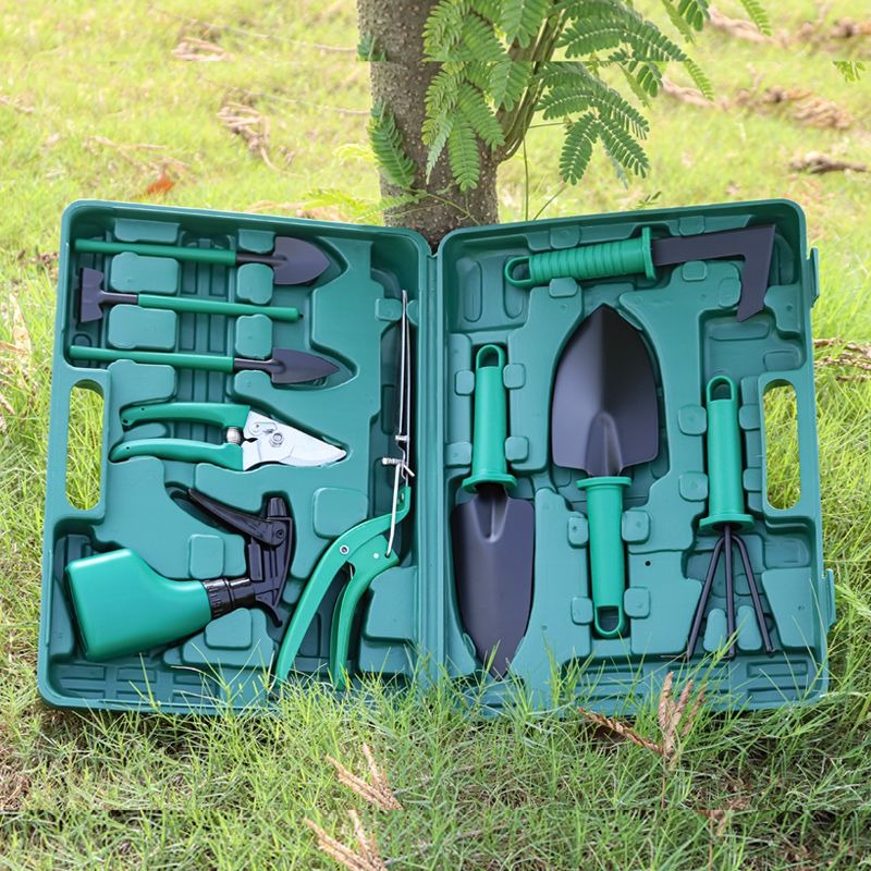 10-Piece Green Gardening Tool Set with Hard Carrying Case and Ergonomic Handles