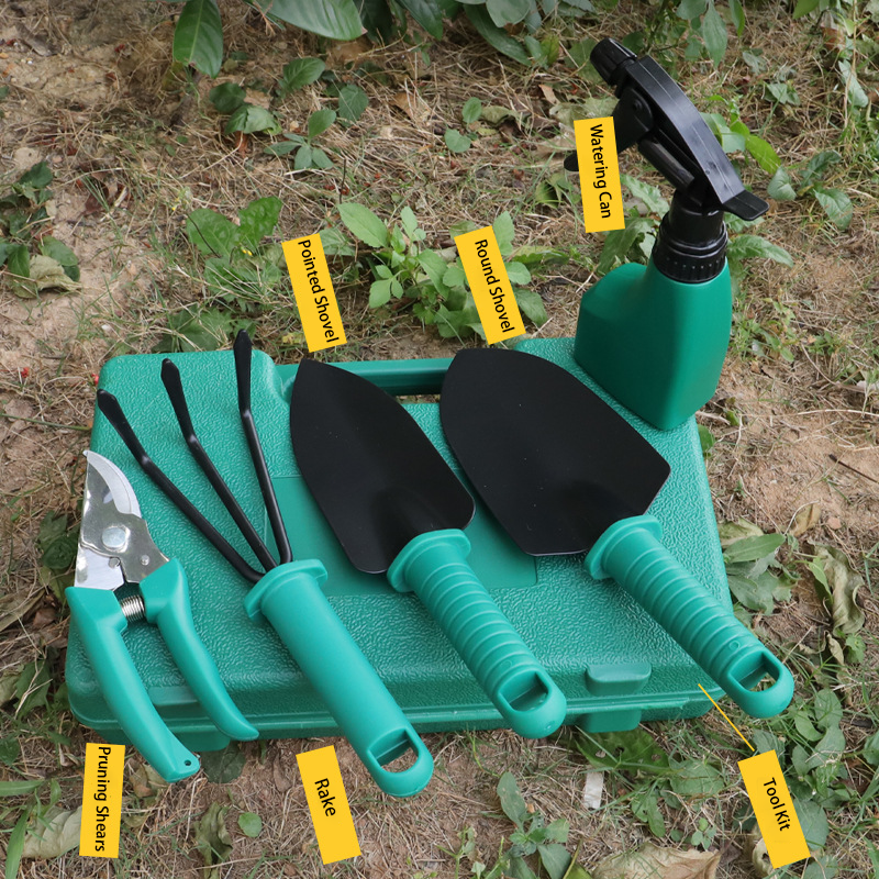 5-Piece Green Gardening Tool Set with Hard Carrying Case and Ergonomic Handles