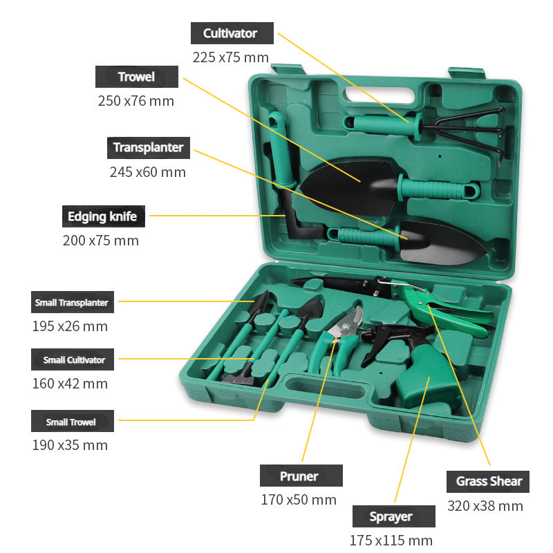 10-Piece Green Gardening Tool Set with Hard Carrying Case and Ergonomic Handles