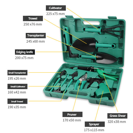 10-Piece Green Gardening Tool Set with Hard Carrying Case and Ergonomic Handles