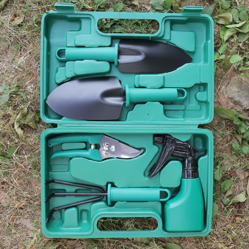 5-Piece Green Gardening Tool Set with Hard Carrying Case and Ergonomic Handles